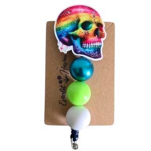 Skull Skeleton Colorful Pink Gothic Retractable Name Badge ID Reel Holder